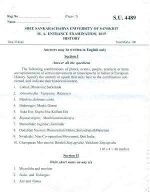 SSUS Entrance Exam HISTORY 2015 Question Paper