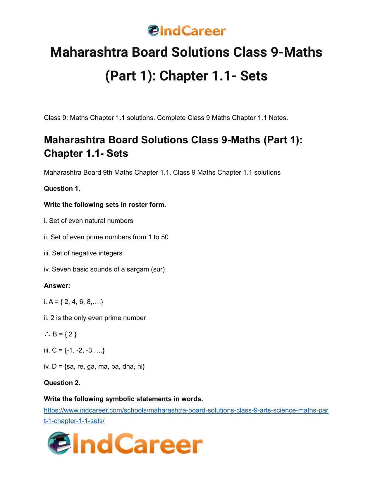 Maharashtra Board Solutions Class 9-Maths (Part 1): Chapter 1.1- Sets - Page 2