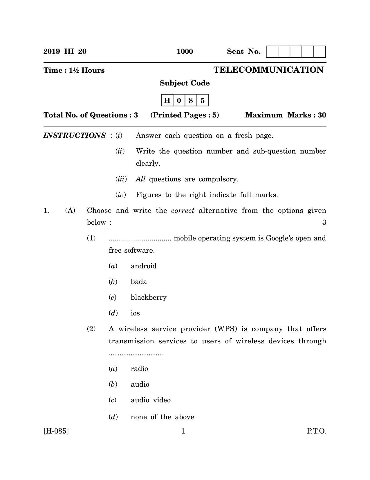 Goa Board Class 12 Telecommunication   (March 2019_0) Question Paper - Page 1