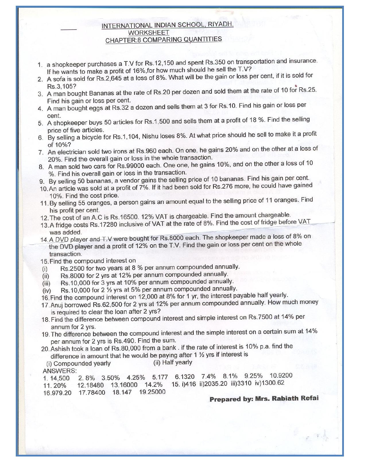 CBSE Worksheets for Class 8 Mathematics Compairing Quantities Assignment 1 - Page 1