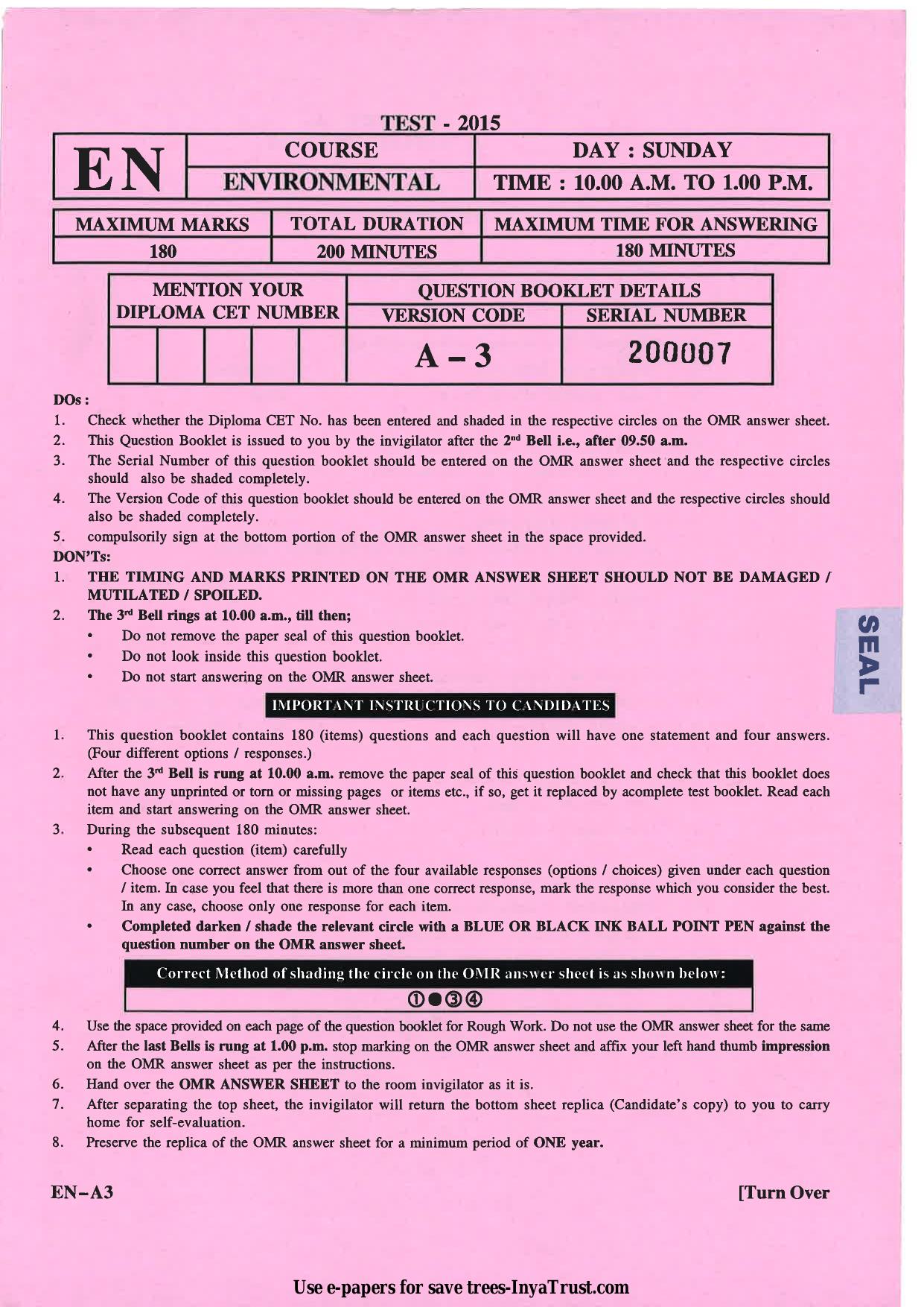 Karnataka Diploma CET- 2015 Environmental Engg. / Public Health Engg. / Water Tech / Health Sciences Question Paper - Page 1