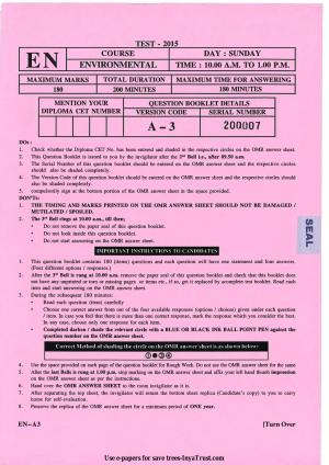 Karnataka Diploma CET- 2015 Environmental Engg. / Public Health Engg. / Water Tech / Health Sciences Question Paper