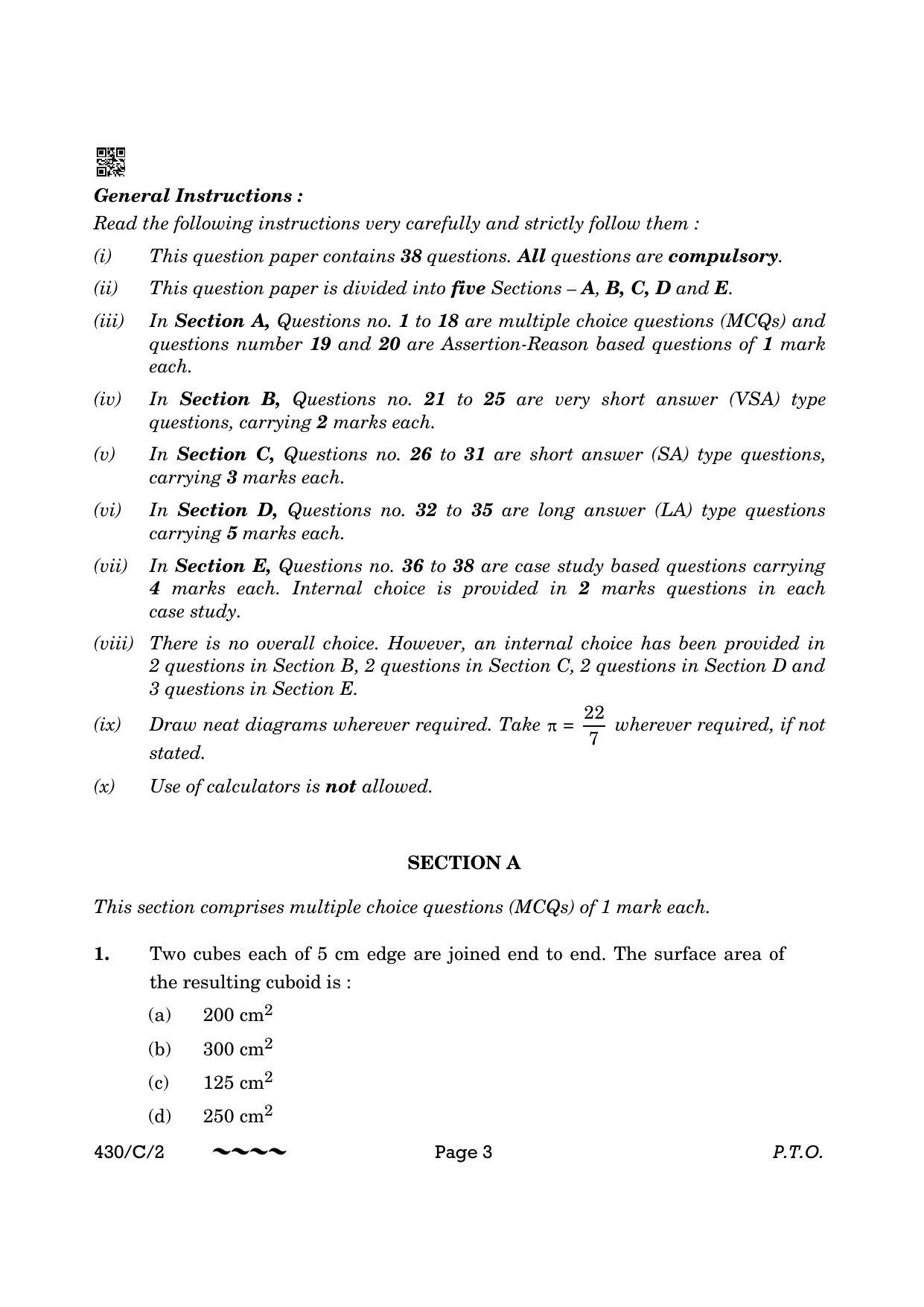 CBSE Class 10 430-2 Maths Basic 2023 (Compartment) Question Paper - Page 3