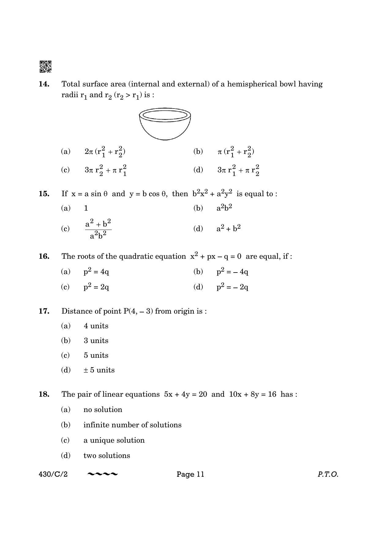 CBSE Class 10 430-2 Maths Basic 2023 (Compartment) Question Paper - Page 11