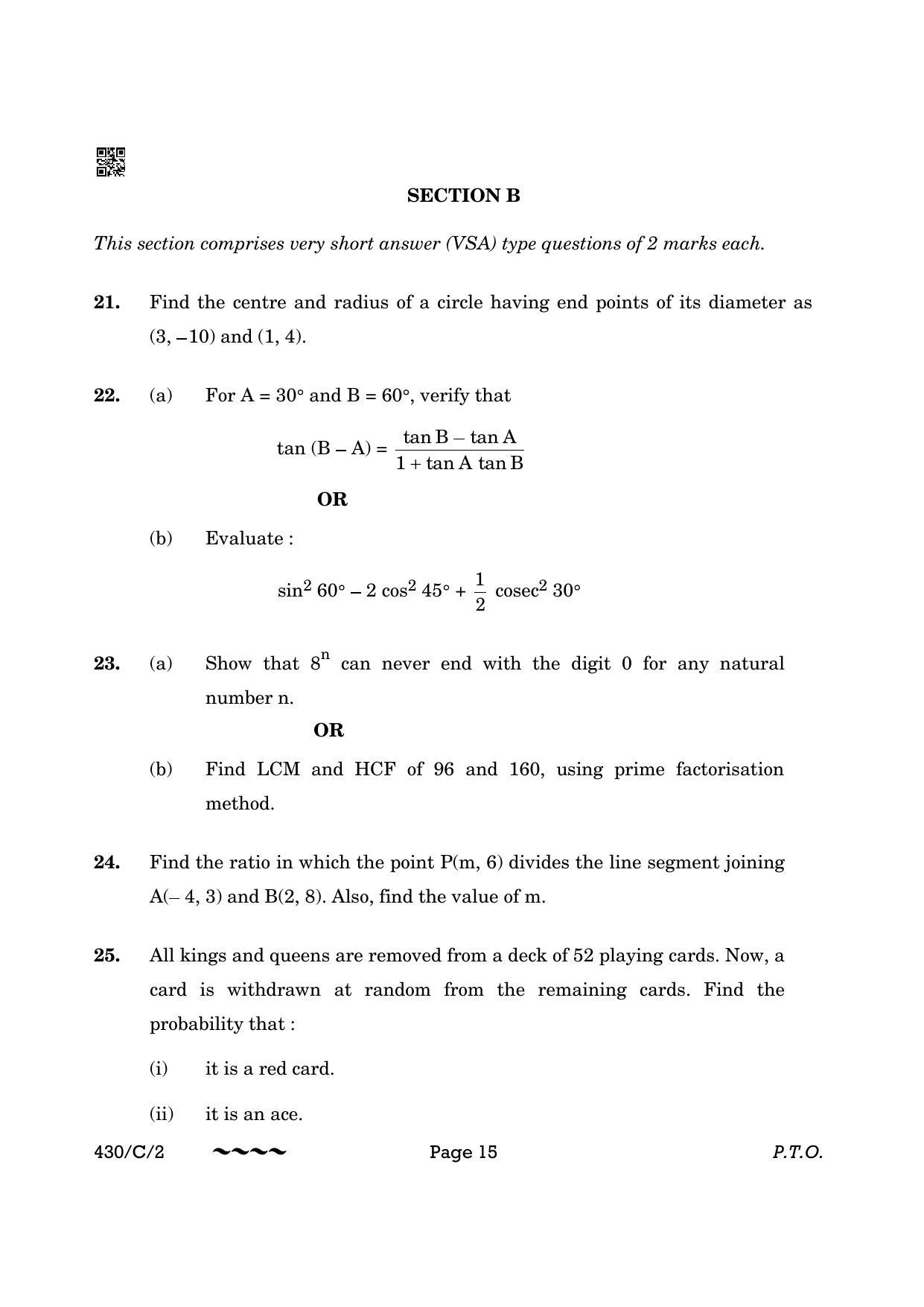 CBSE Class 10 430-2 Maths Basic 2023 (Compartment) Question Paper - Page 15