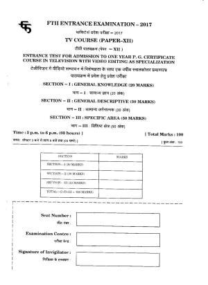 FTII JET One Year Post Graduate Certificate Course in Video Editing 2017 Question Paper
