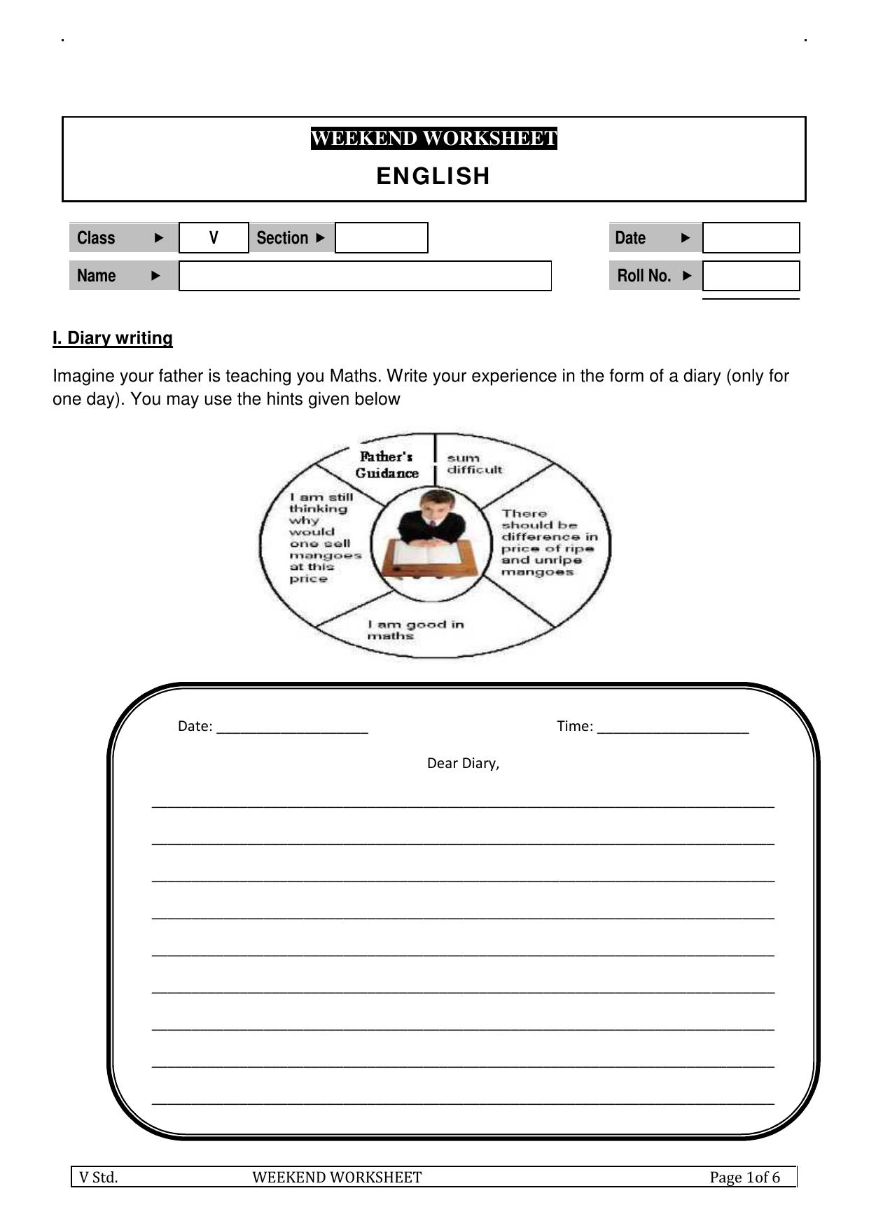 Worksheet for Class 5 English Diary Writing Assignment - Page 1