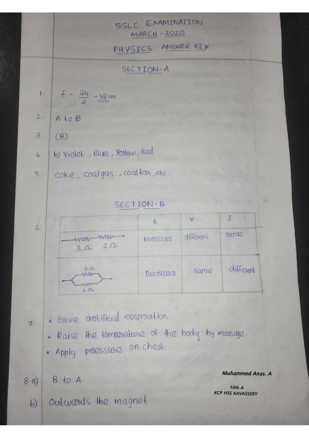 Kerala SSLC 2020 Physics Answer Key (EM) - Page 1