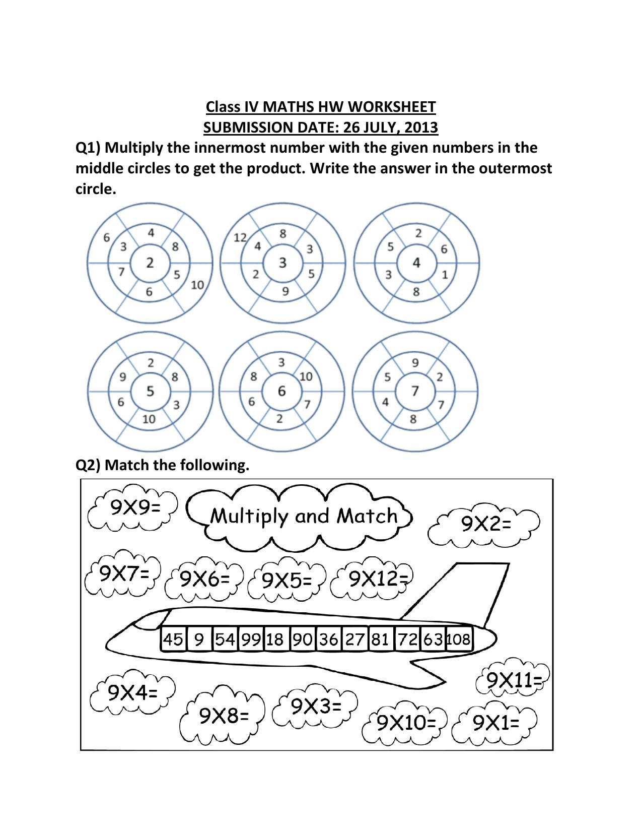 Worksheet for Class 4 Maths Assignment 32 Multiplication - Page 1