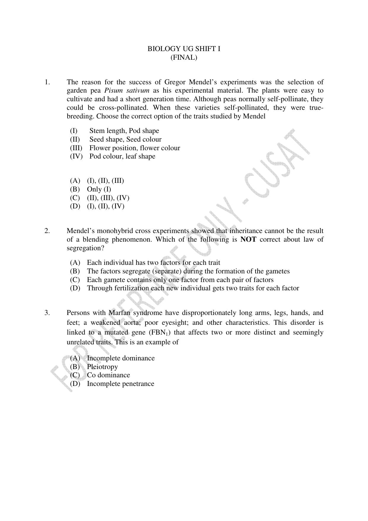 CUSAT CAT 2023 BIOLOGY UG SHIFT I Question Paper - Page 1