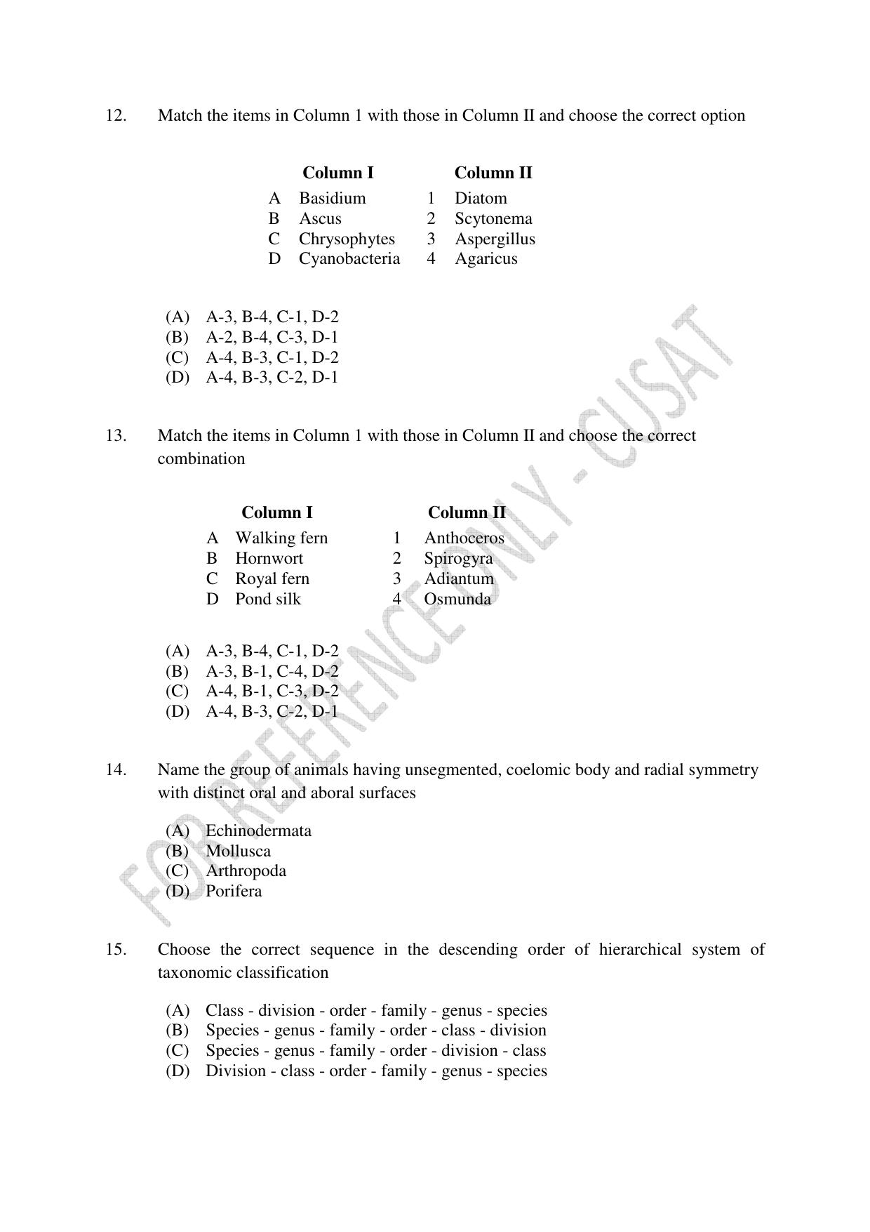 CUSAT CAT 2023 BIOLOGY UG SHIFT I Question Paper - Page 4