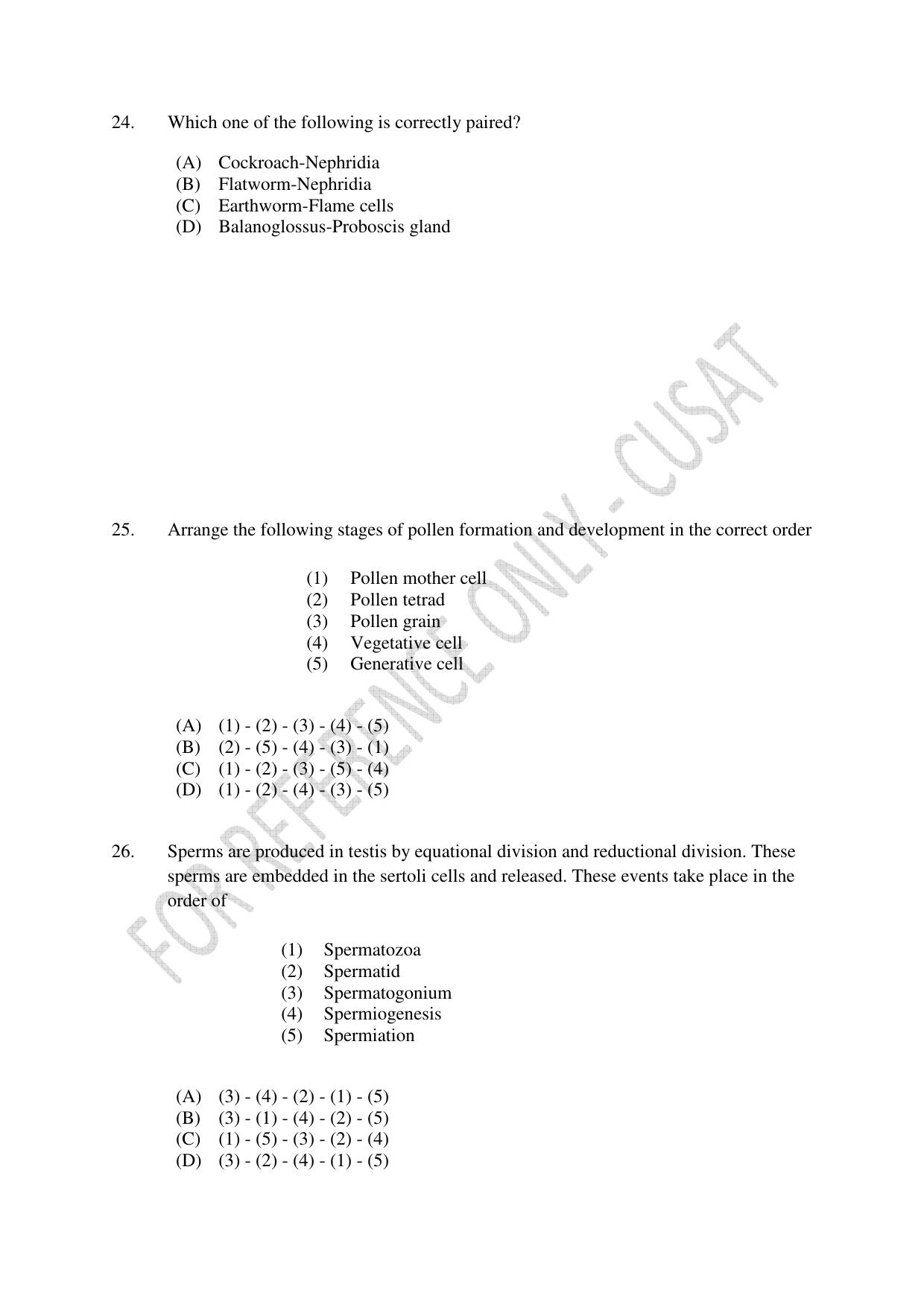 CUSAT CAT 2023 BIOLOGY UG SHIFT I Question Paper - Page 7