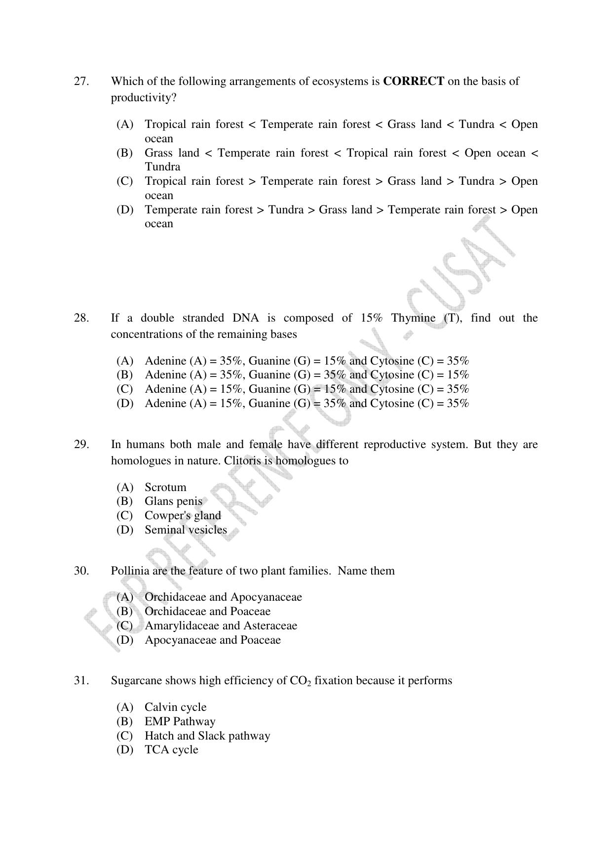 CUSAT CAT 2023 BIOLOGY UG SHIFT I Question Paper - Page 8