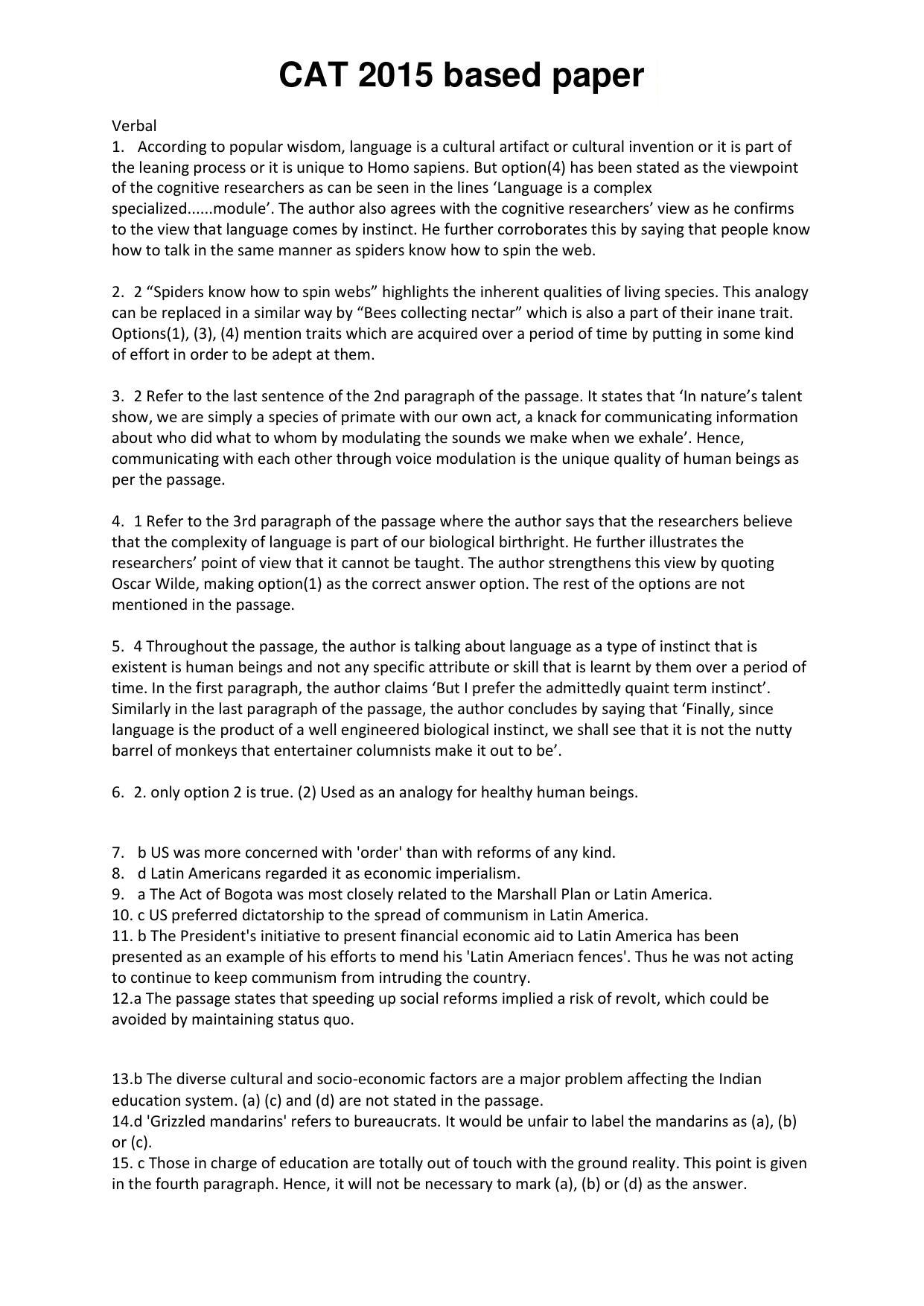 CAT 2015 CAT VARC Answer Key - Page 1