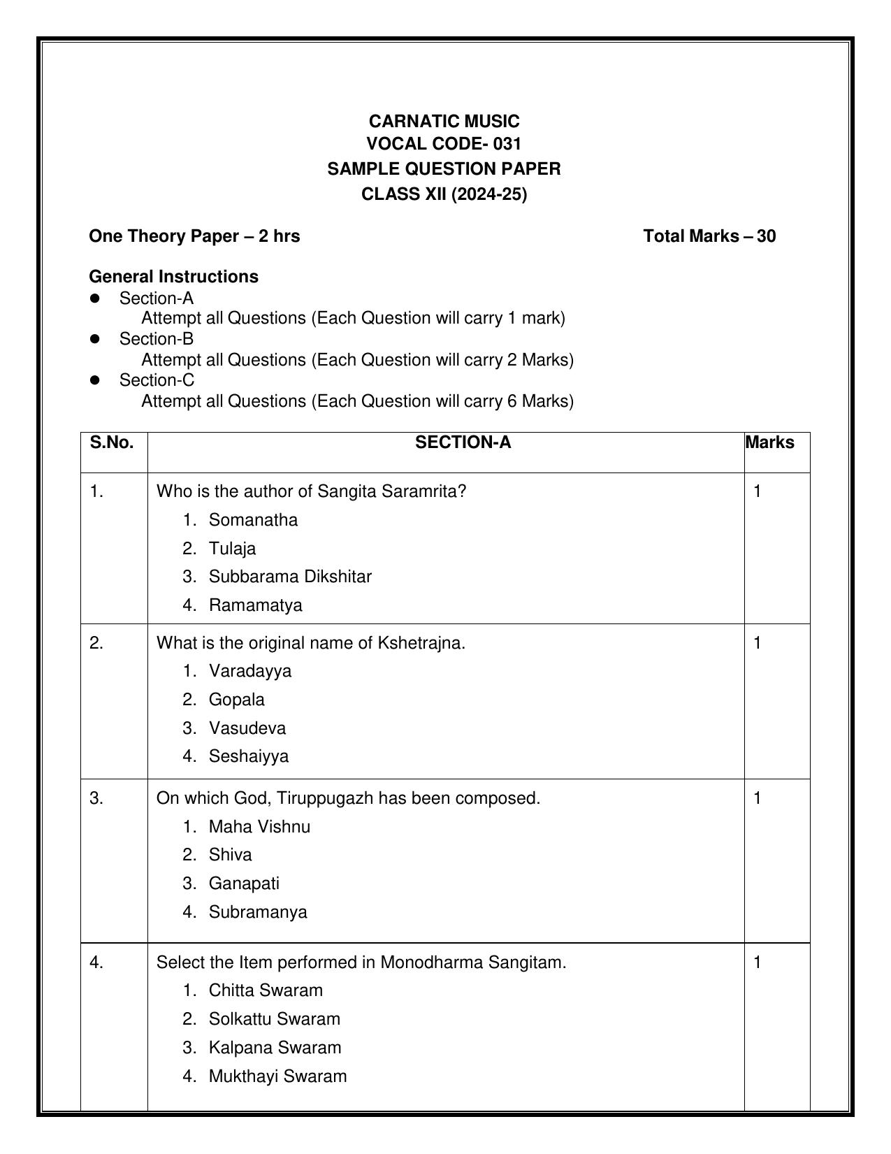 CBSE Class 12 Carnatic Vocal Sample Question Paper 2024-25 - Page 1