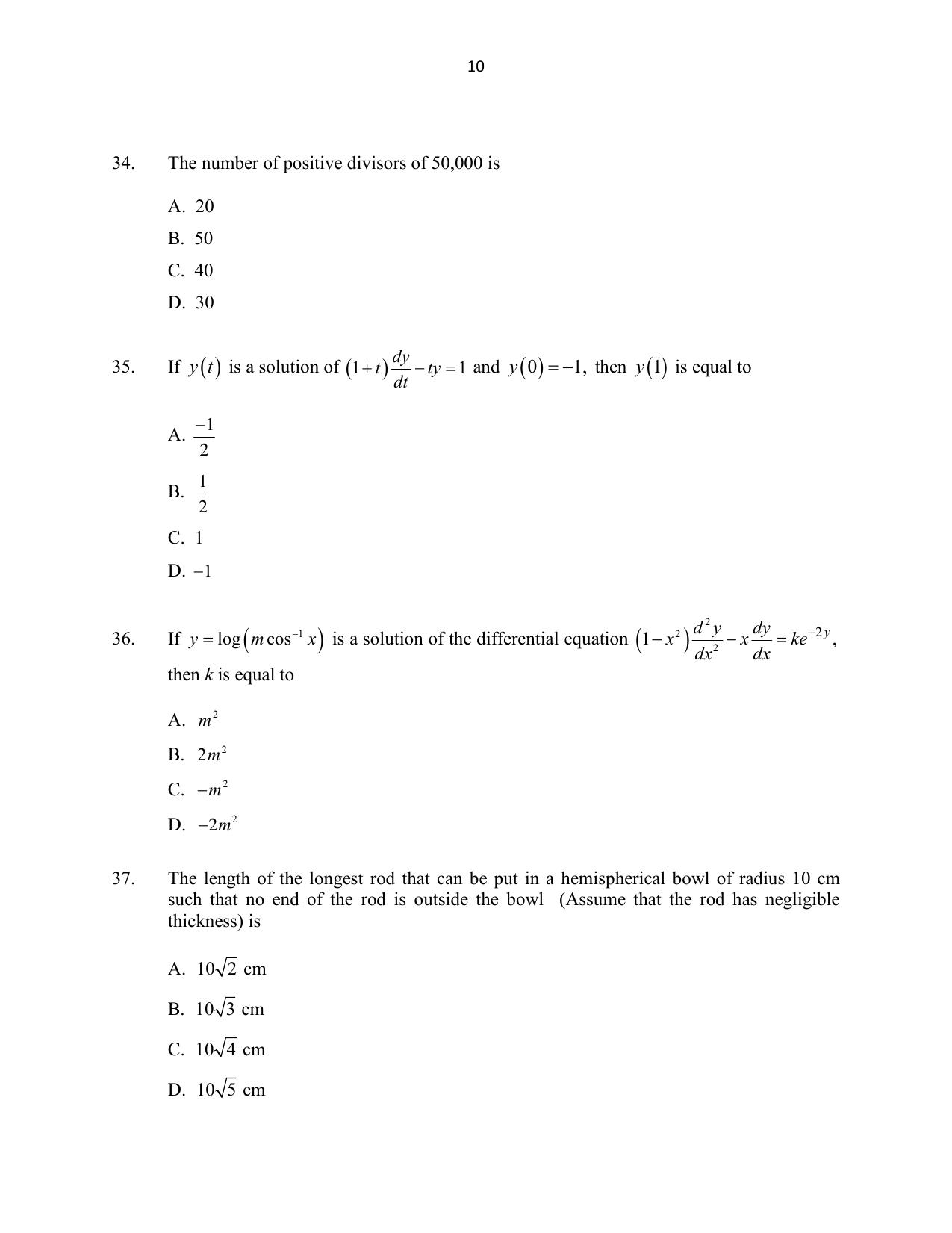 CUSAT CAT 2016 Mathematics, Physics, Chemistry 2 Question Paper - Page 10