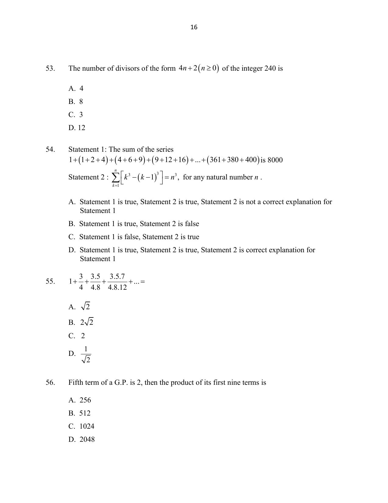 CUSAT CAT 2016 Mathematics, Physics, Chemistry 2 Question Paper - Page 16