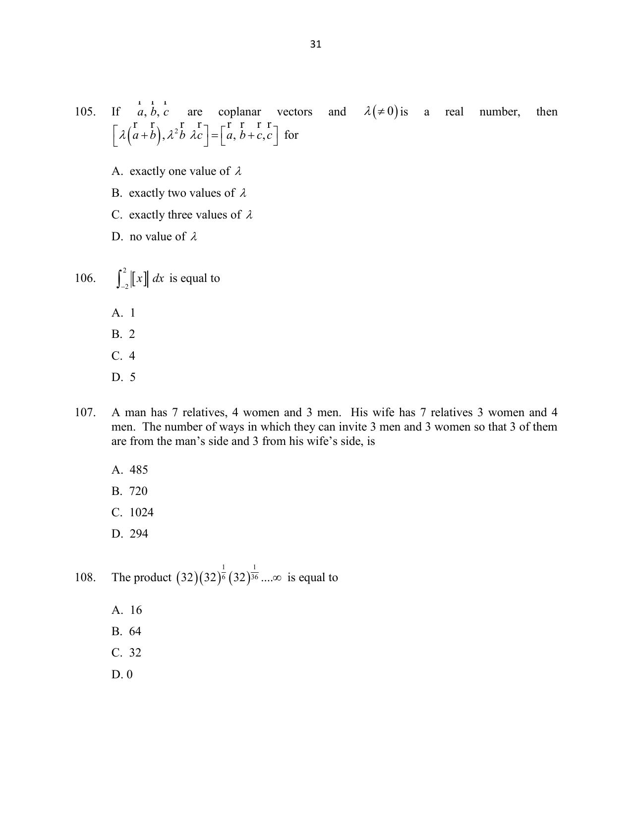 CUSAT CAT 2016 Mathematics, Physics, Chemistry 2 Question Paper - Page 31