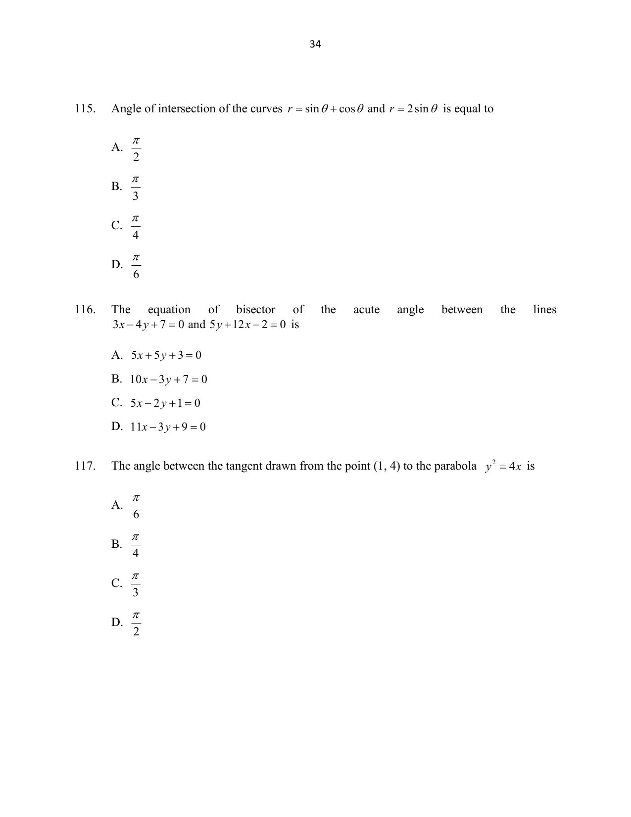CUSAT CAT 2016 Mathematics, Physics, Chemistry 2 Question Paper - Page 34