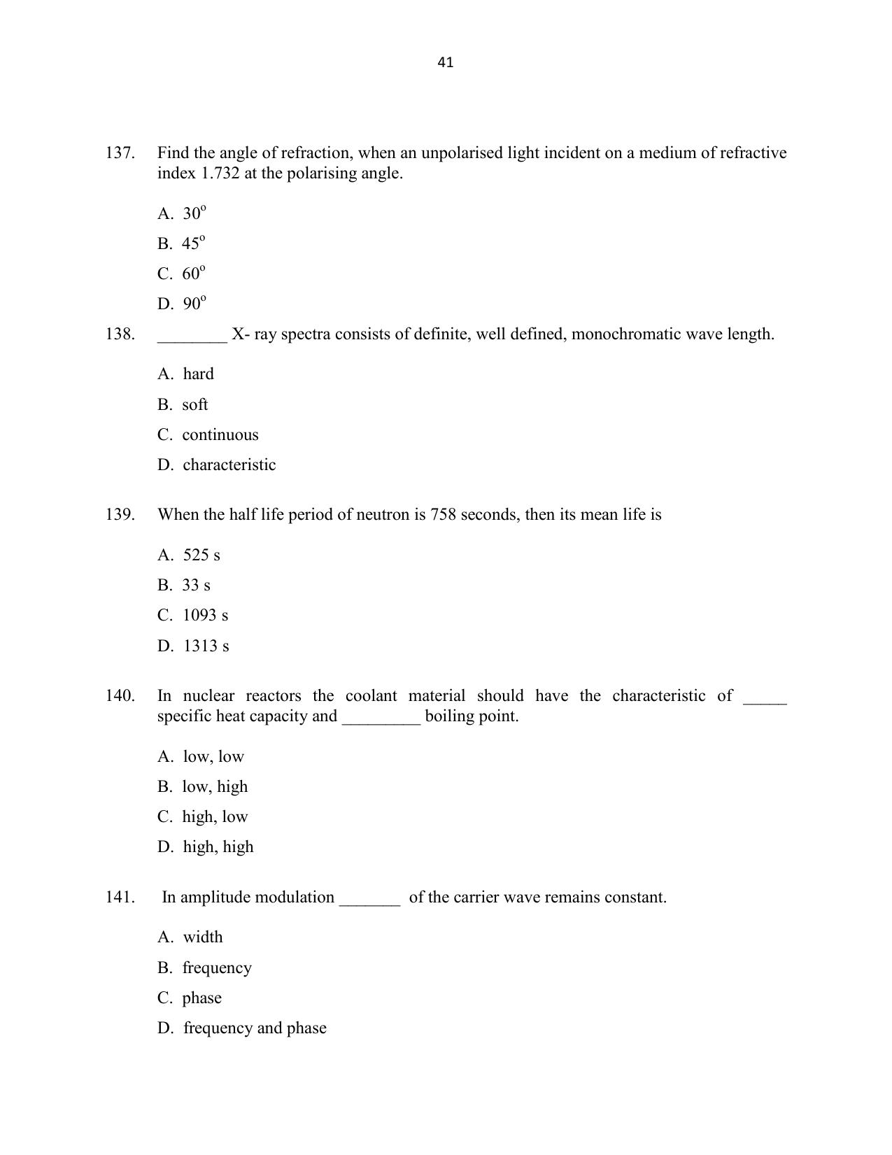 CUSAT CAT 2016 Mathematics, Physics, Chemistry 2 Question Paper - Page 41