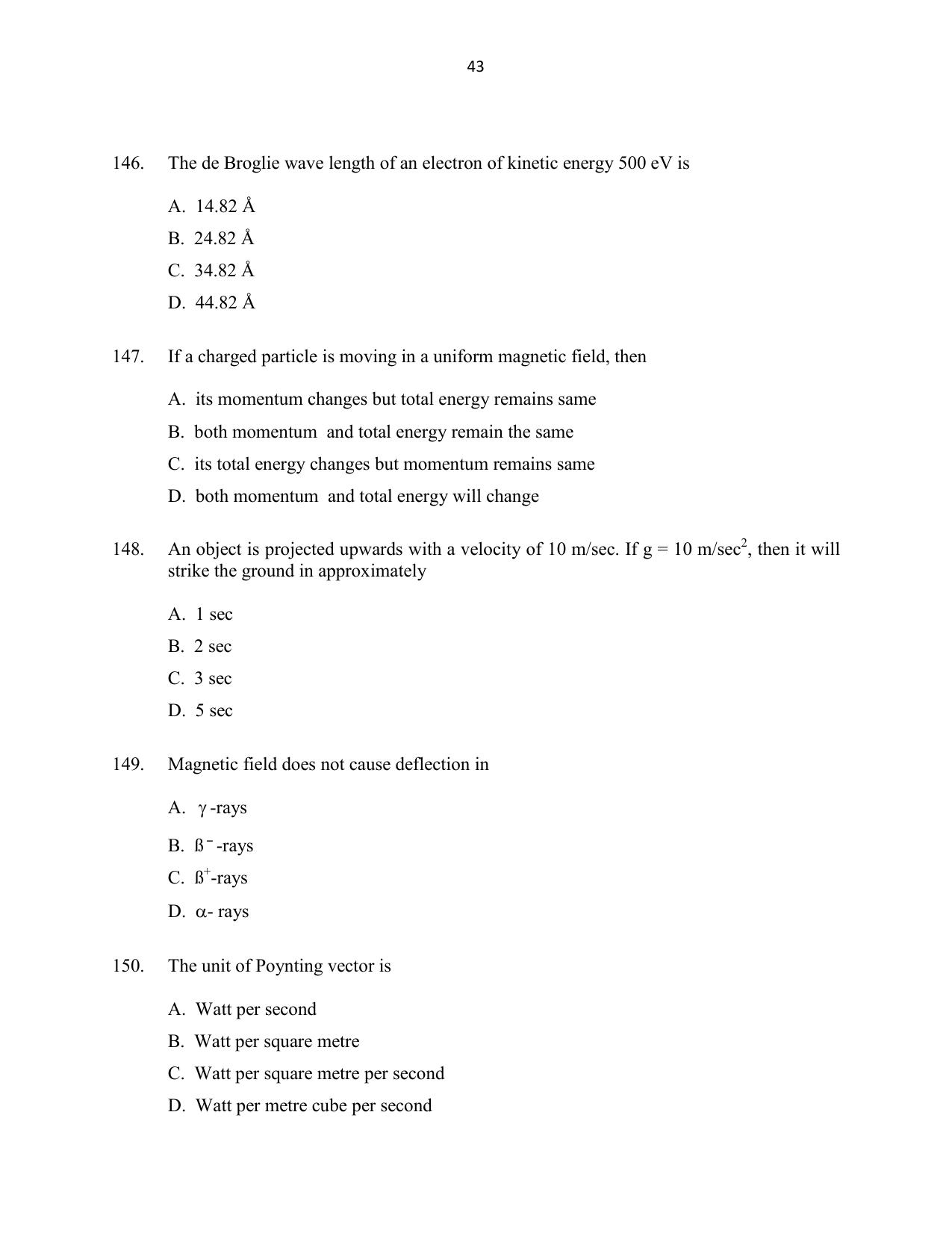 CUSAT CAT 2016 Mathematics, Physics, Chemistry 2 Question Paper - Page 43