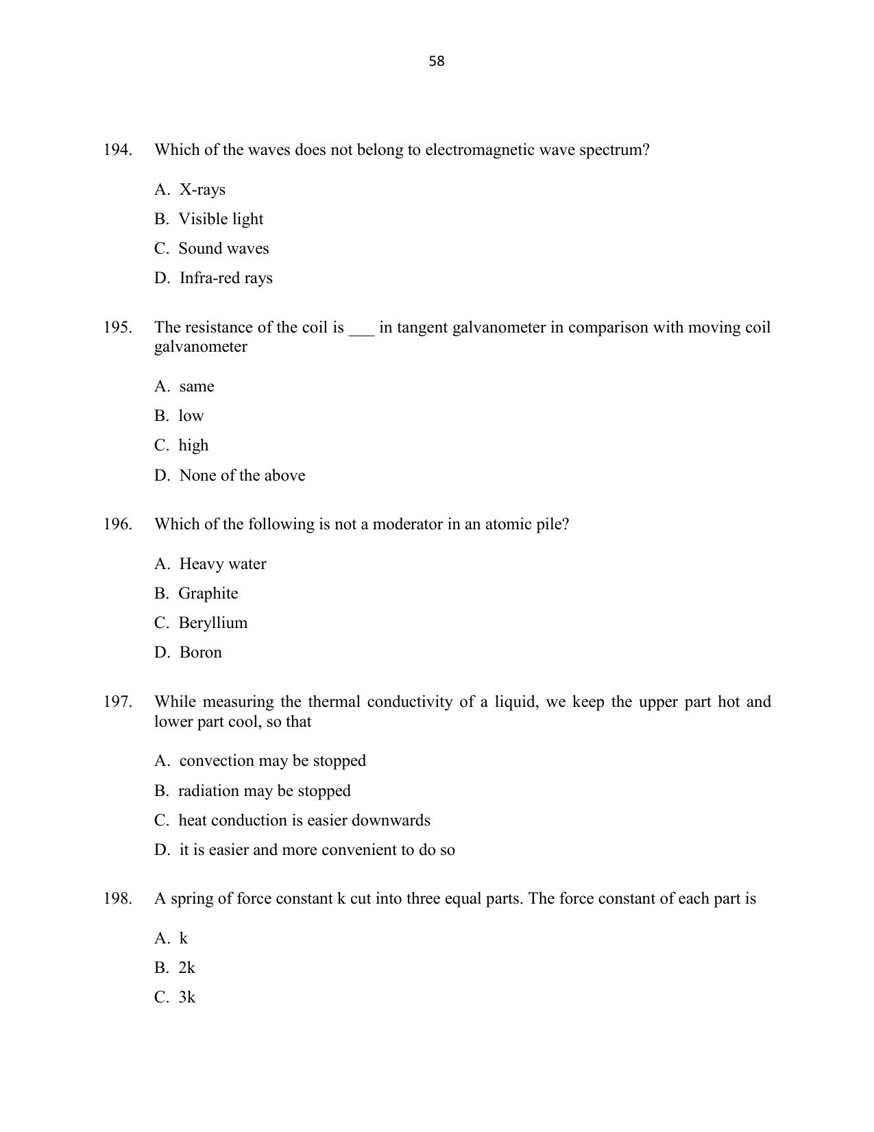 CUSAT CAT 2016 Mathematics, Physics, Chemistry 2 Question Paper - Page 58