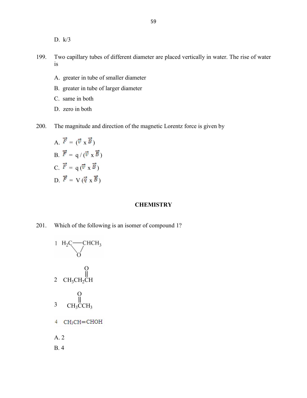 CUSAT CAT 2016 Mathematics, Physics, Chemistry 2 Question Paper - Page 59