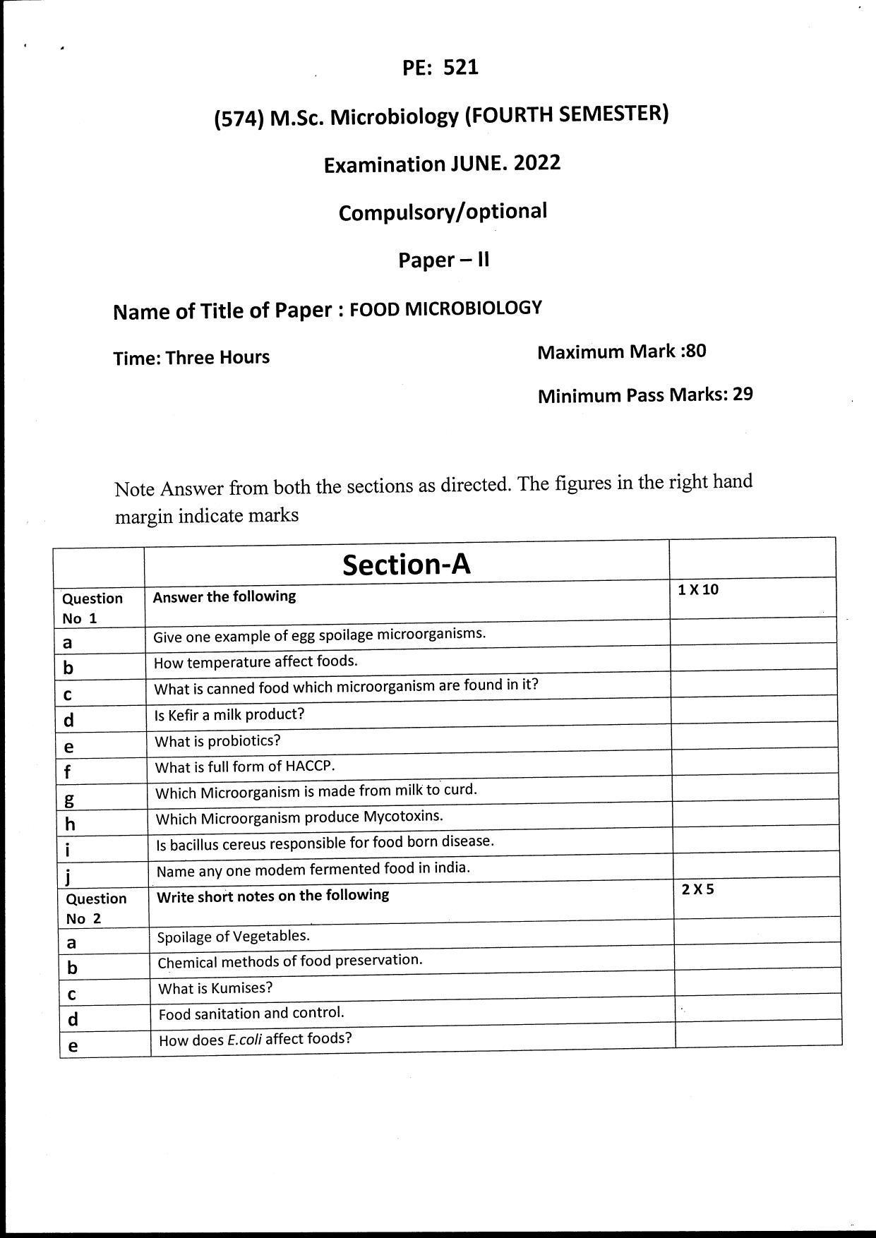 Bilaspur University Question Paper June 2022: M.Sc. Microbiology (Fourth Semester) Food Microbiology Paper 1 - Page 1