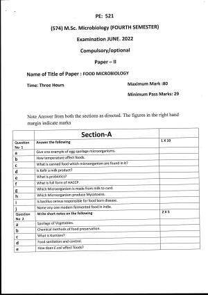 Bilaspur University Question Paper June 2022: M.Sc. Microbiology (Fourth Semester) Food Microbiology Paper 1
