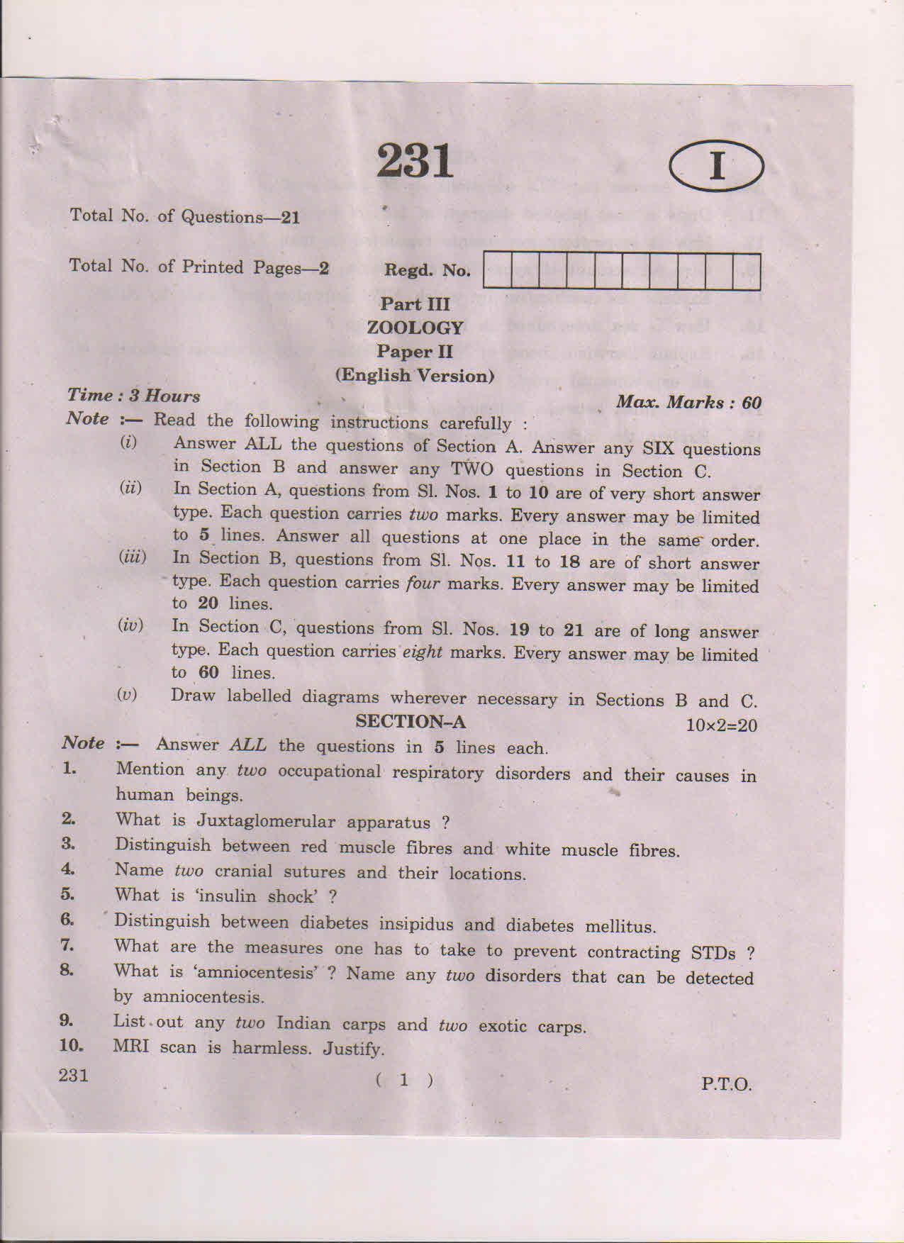 AP Inter 2nd Year Zoology-II (EM) March 2018 (General) Question Paper - Page 1