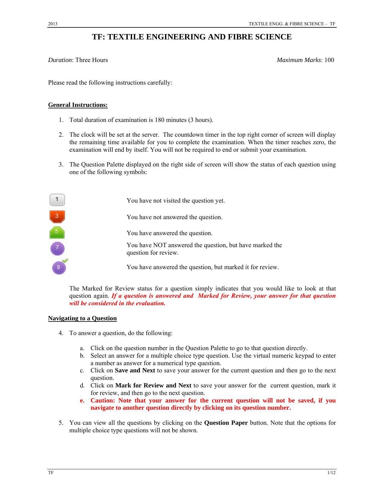 GATE 2013 Textile Engineering and Fibre Science (TF) Question Paper with Answer Key - Page 1