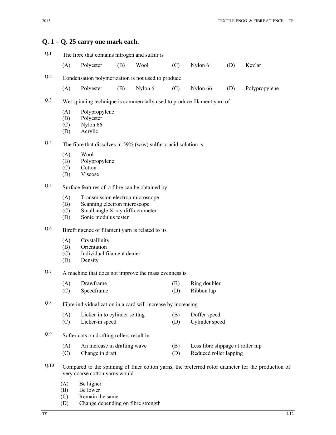 GATE 2013 Textile Engineering and Fibre Science (TF) Question Paper with Answer Key - Page 4
