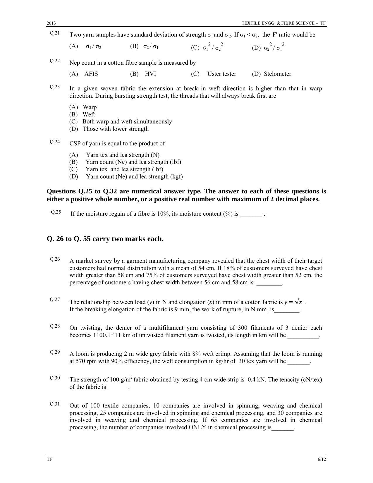 GATE 2013 Textile Engineering and Fibre Science (TF) Question Paper with Answer Key - Page 6