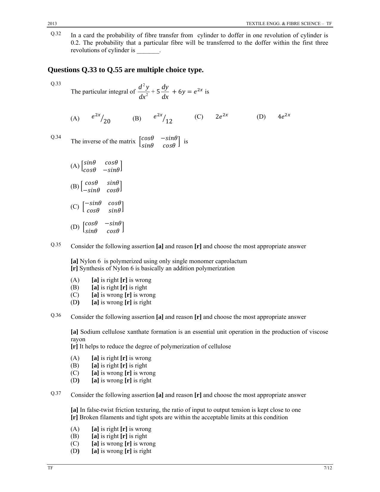 GATE 2013 Textile Engineering and Fibre Science (TF) Question Paper with Answer Key - Page 7