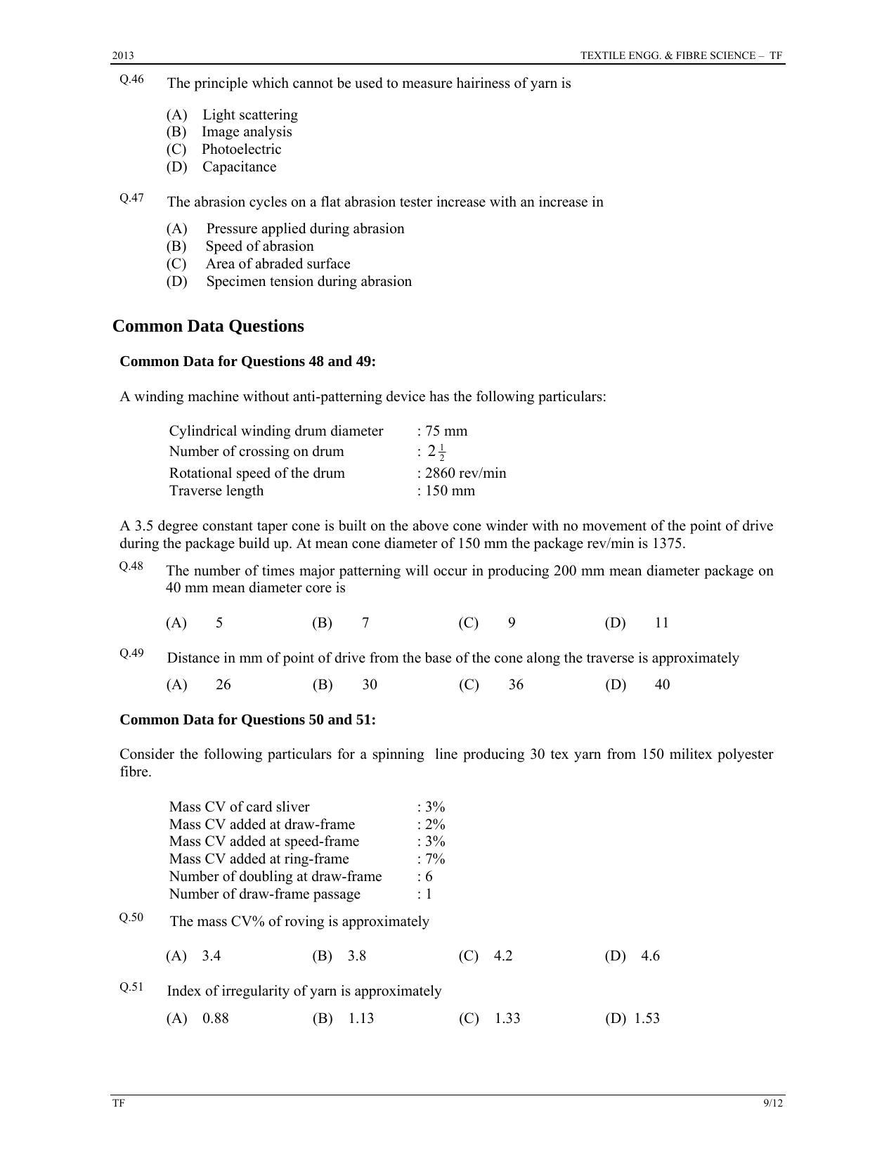 GATE 2013 Textile Engineering and Fibre Science (TF) Question Paper with Answer Key - Page 9