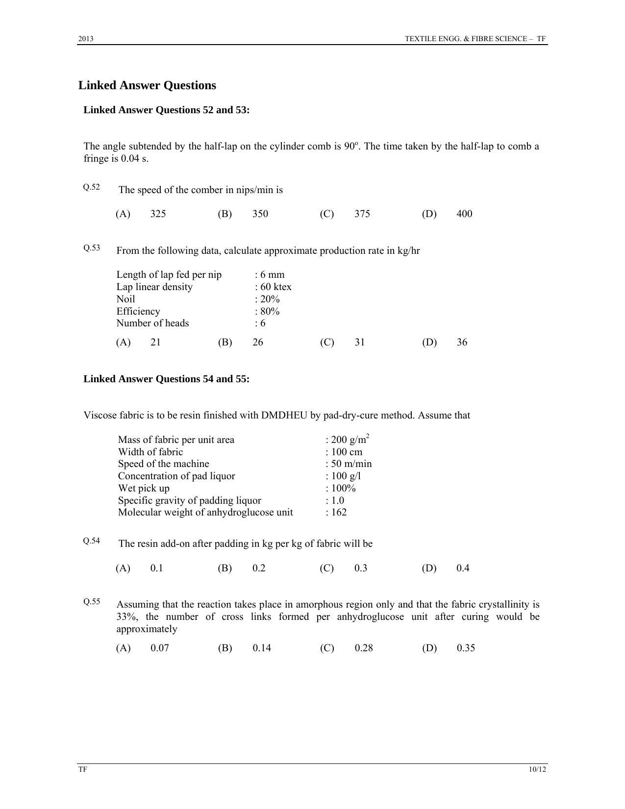 GATE 2013 Textile Engineering and Fibre Science (TF) Question Paper with Answer Key - Page 10