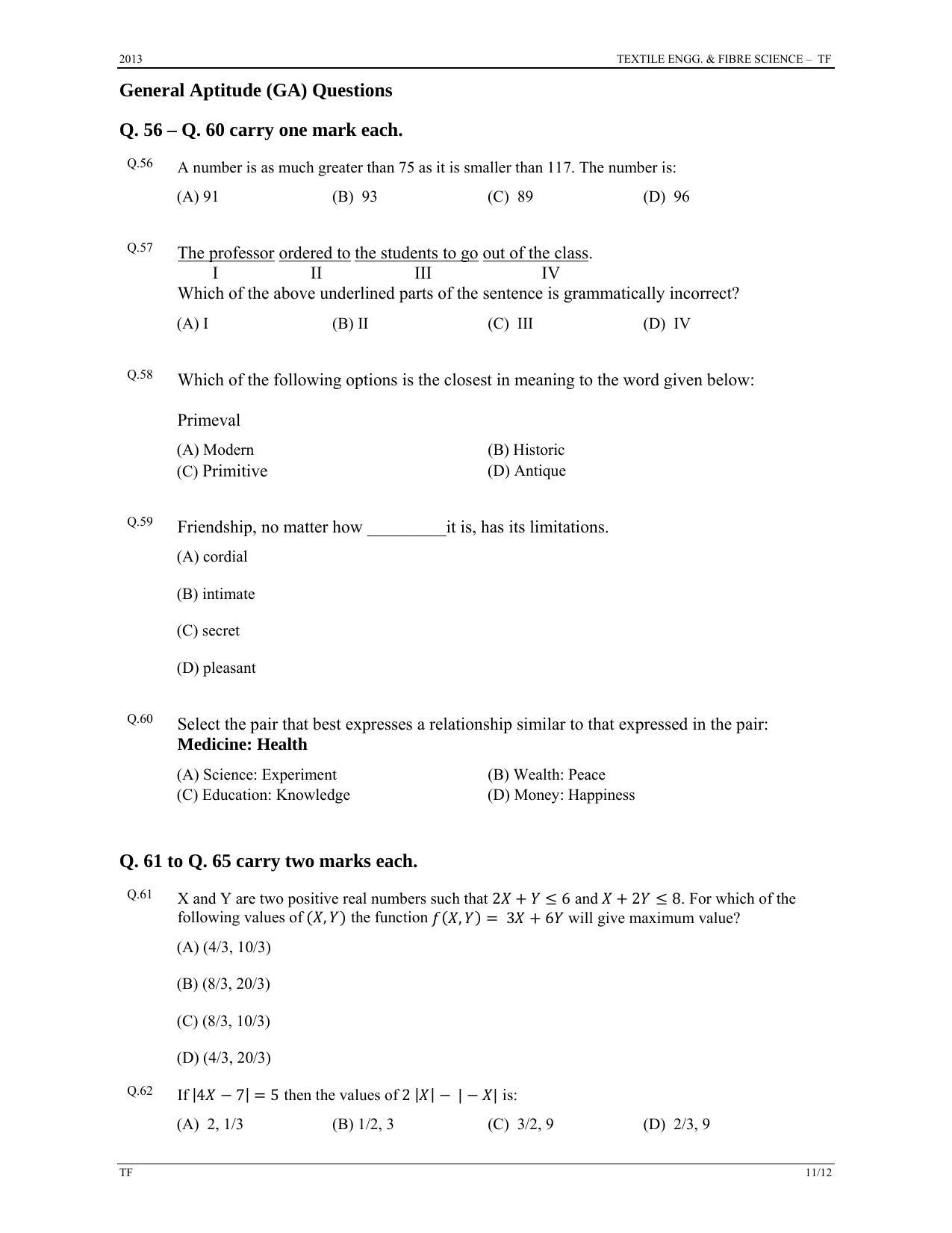 GATE 2013 Textile Engineering and Fibre Science (TF) Question Paper with Answer Key - Page 11