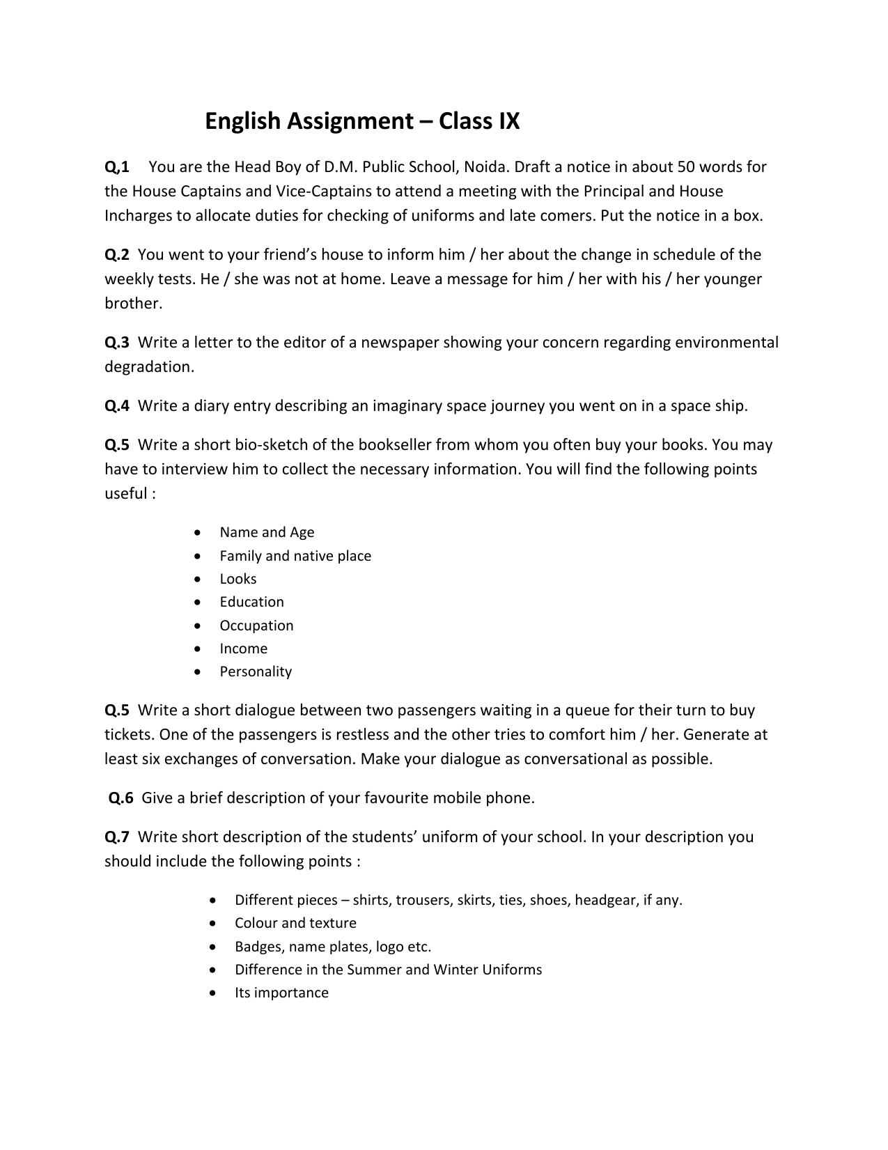 CBSE Worksheets for Class 9 English Assignment 13 - Page 1