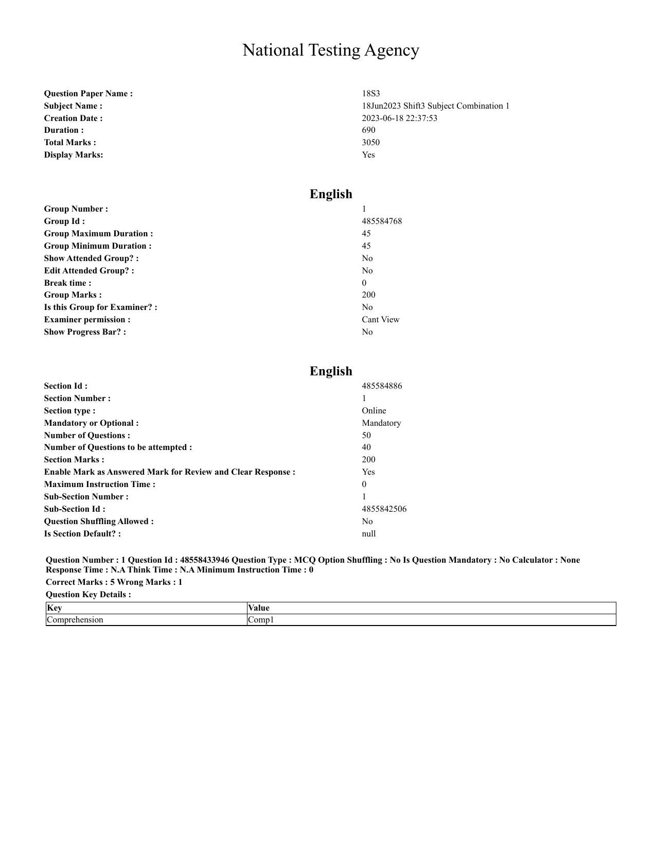CUET 2023 English Spanish Shift 3 Question Paper - 18 June 2023 - Page 1