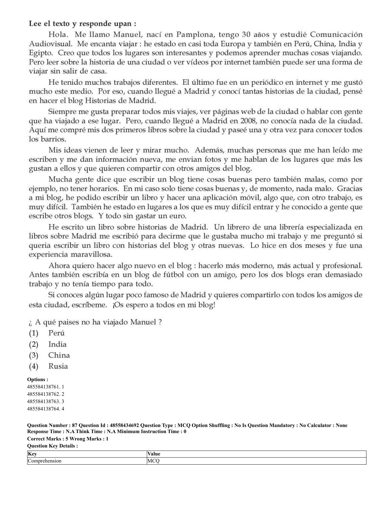 CUET 2023 English Spanish Shift 3 Question Paper - 18 June 2023 - Page 49