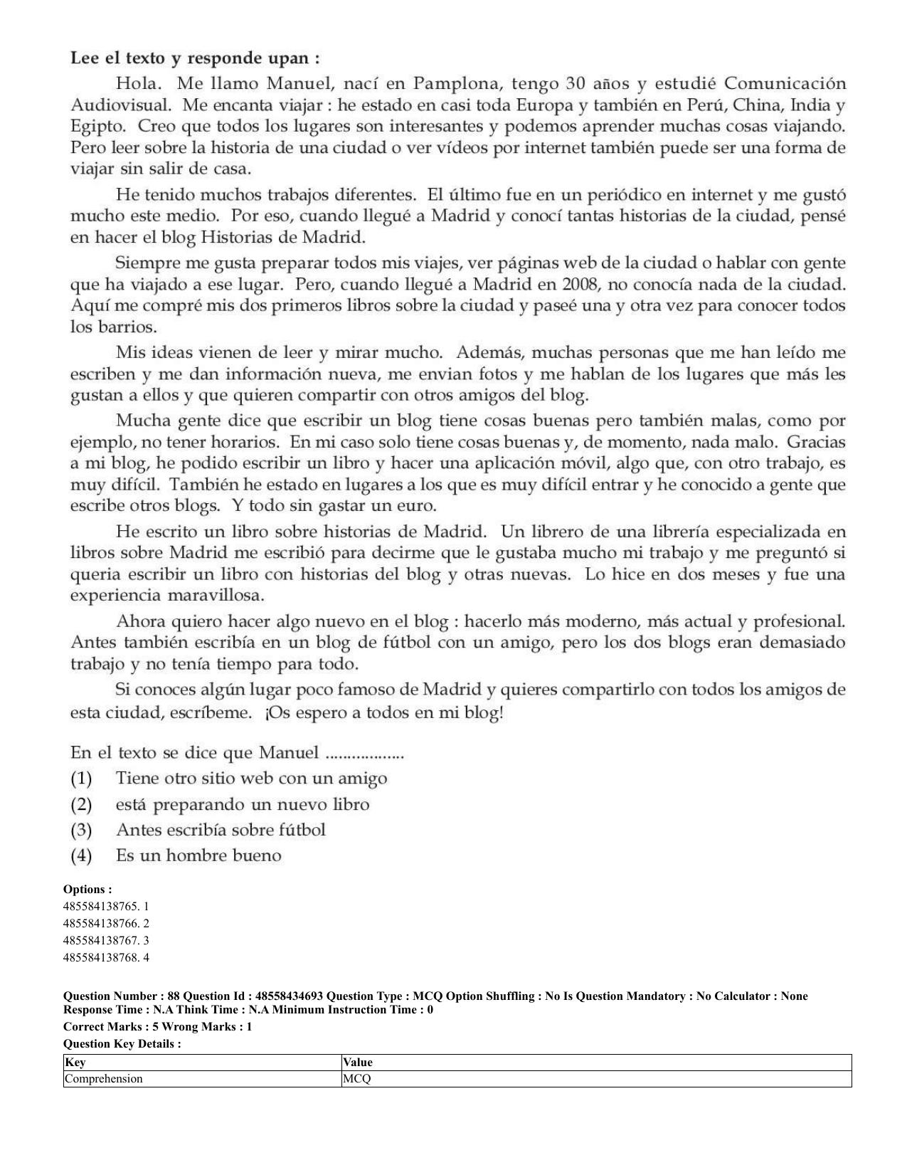 CUET 2023 English Spanish Shift 3 Question Paper - 18 June 2023 - Page 50