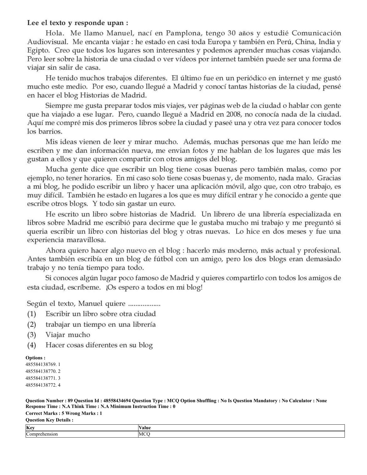 CUET 2023 English Spanish Shift 3 Question Paper - 18 June 2023 - Page 51