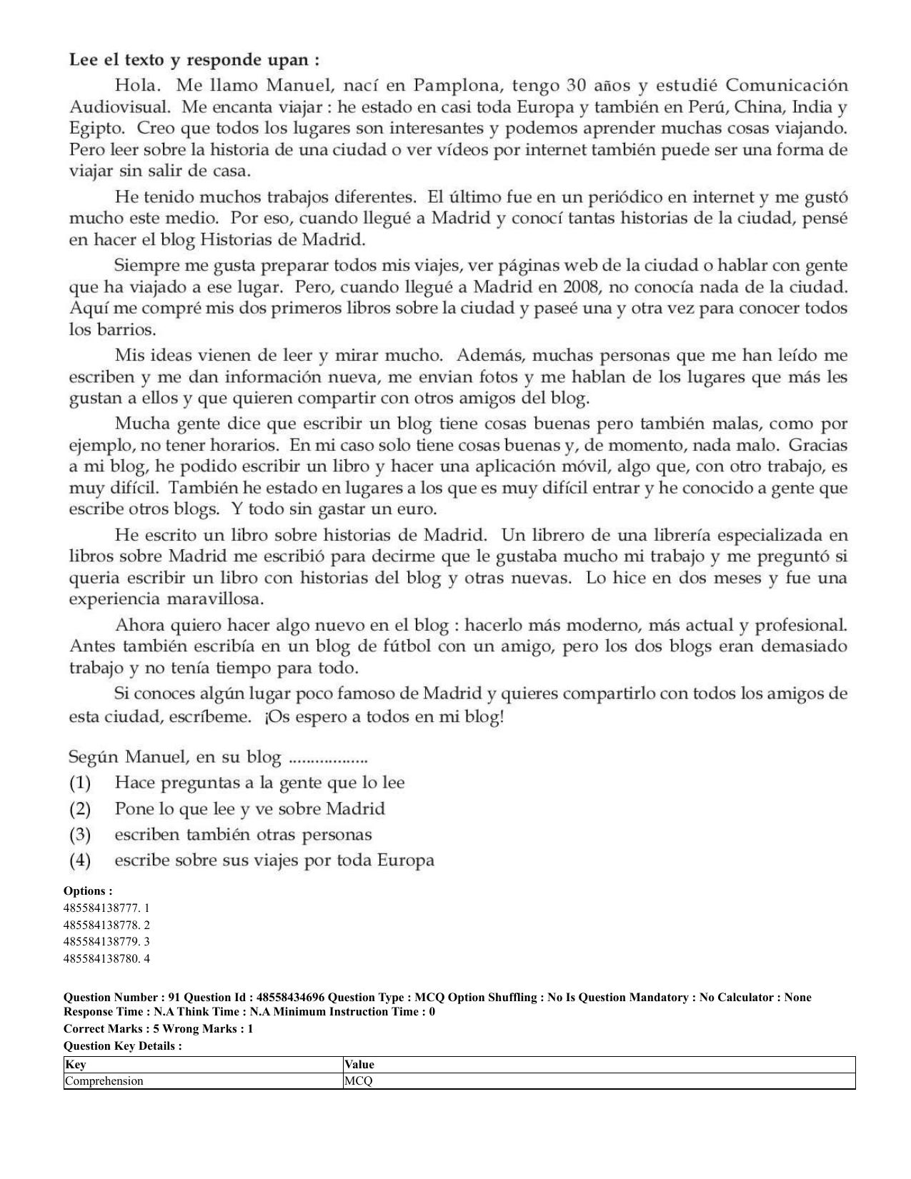 CUET 2023 English Spanish Shift 3 Question Paper - 18 June 2023 - Page 53