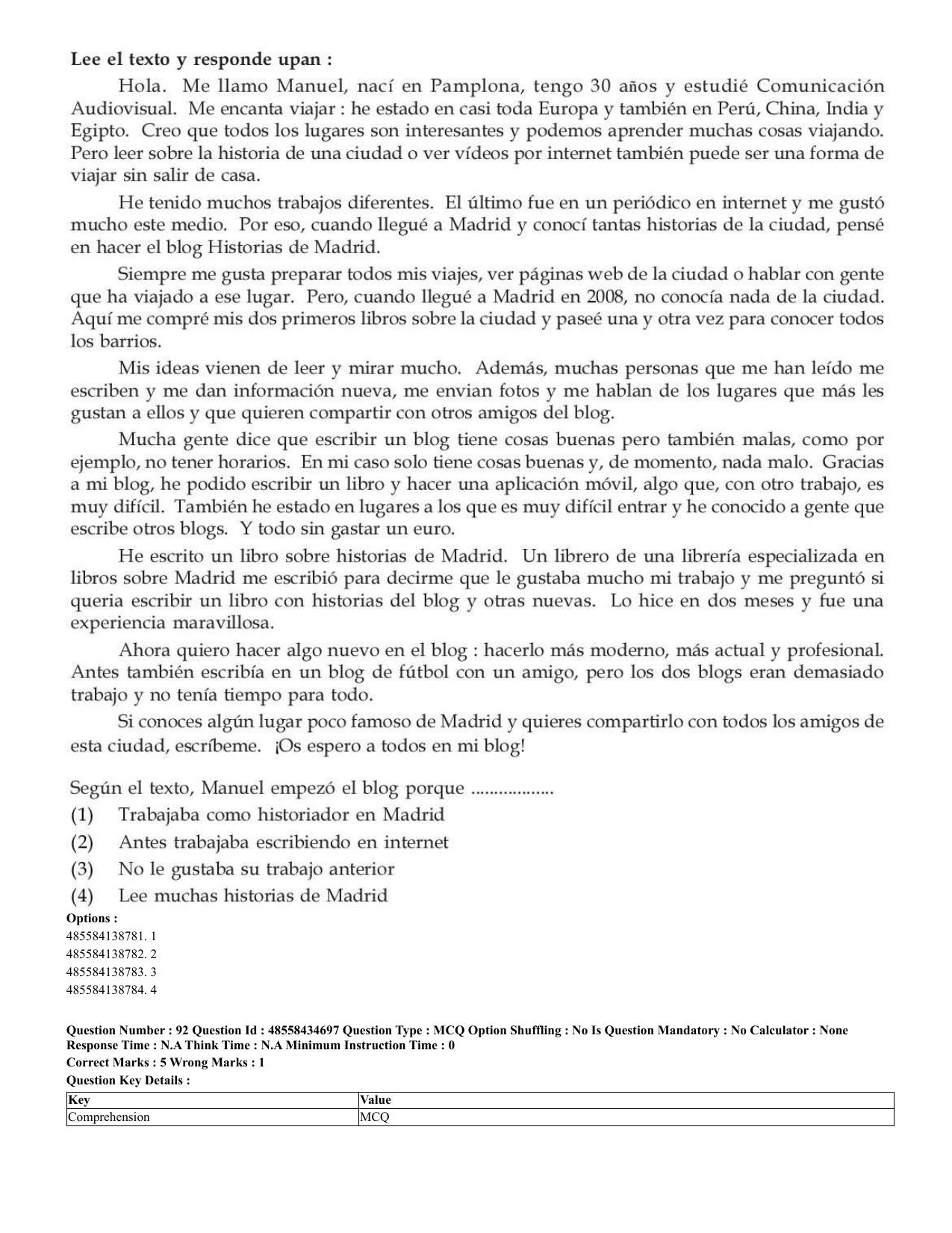 CUET 2023 English Spanish Shift 3 Question Paper - 18 June 2023 - Page 54