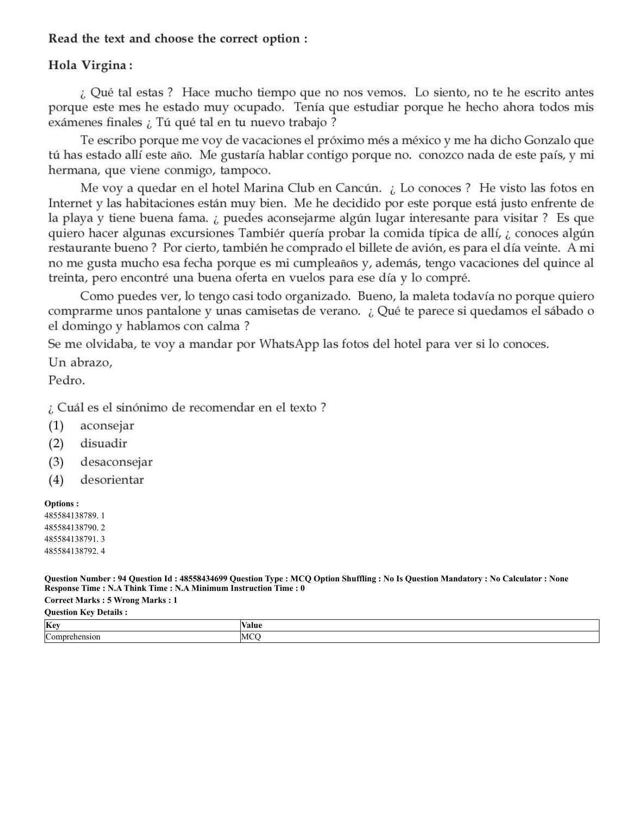 CUET 2023 English Spanish Shift 3 Question Paper - 18 June 2023 - Page 56