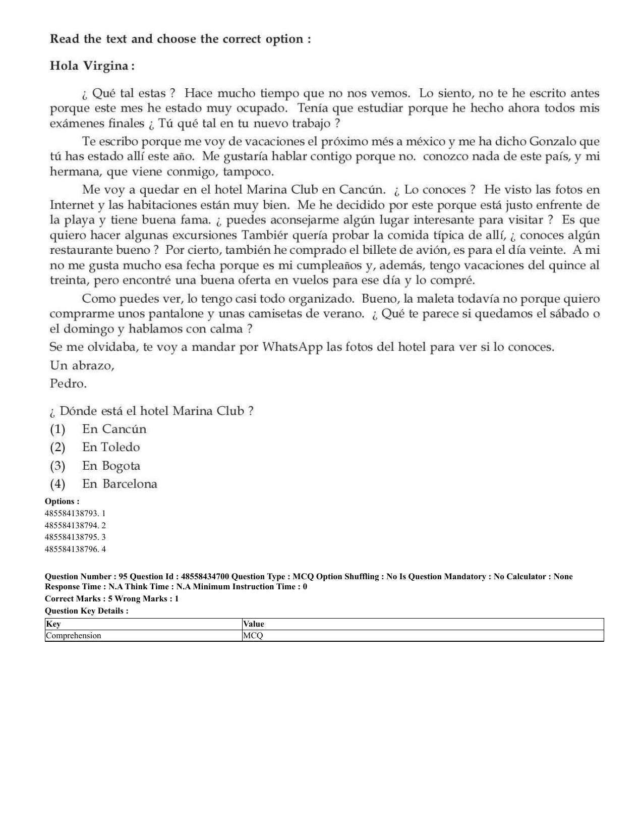 CUET 2023 English Spanish Shift 3 Question Paper - 18 June 2023 - Page 57