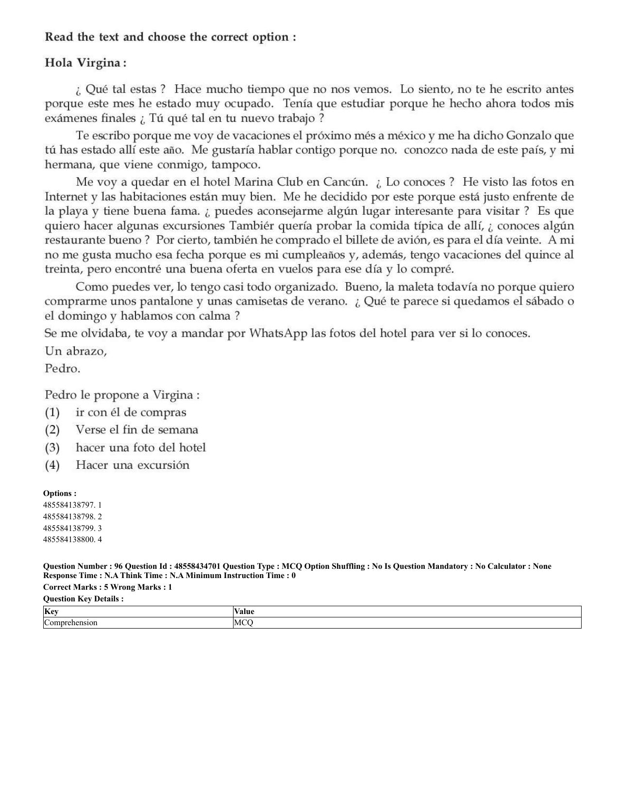 CUET 2023 English Spanish Shift 3 Question Paper - 18 June 2023 - Page 58