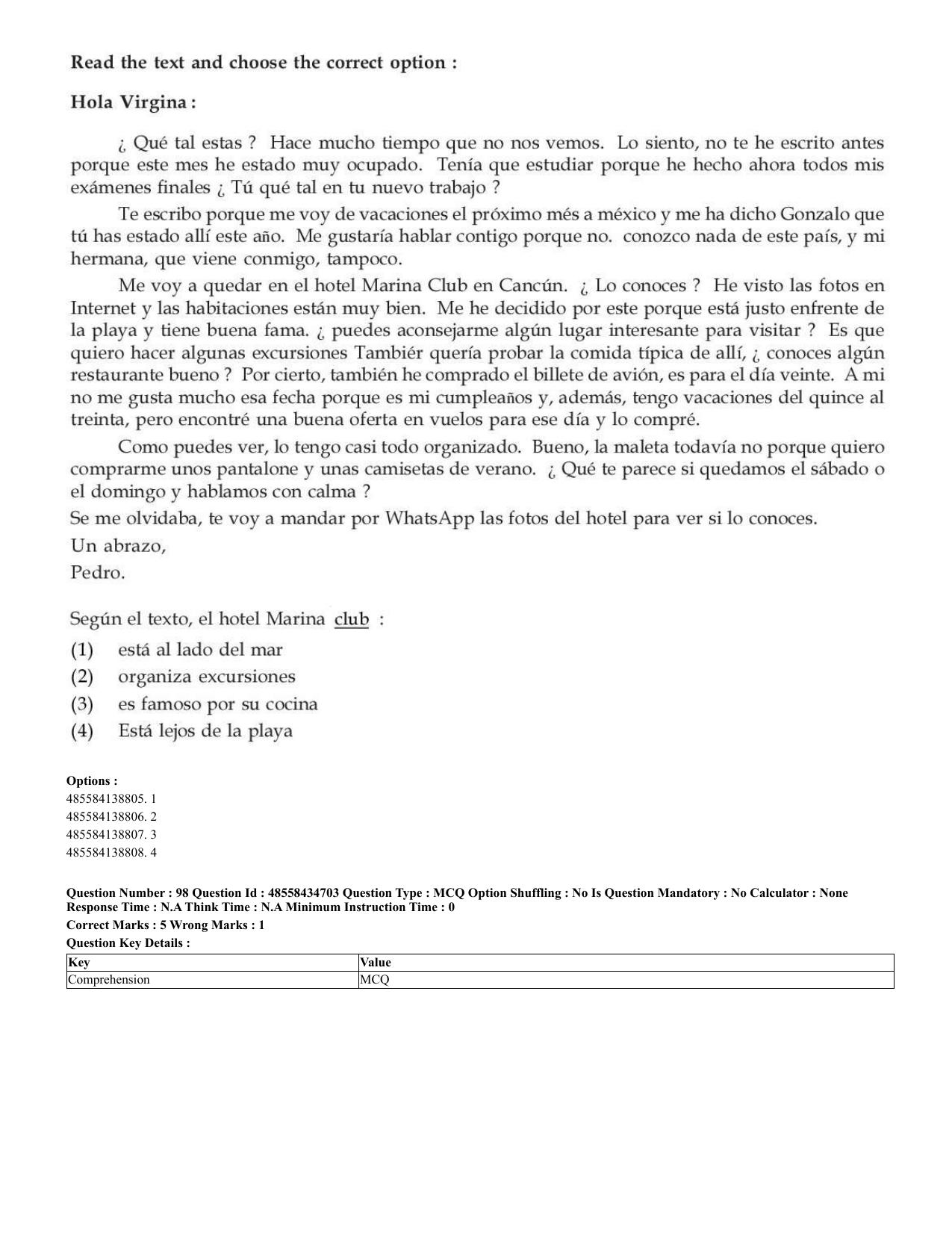 CUET 2023 English Spanish Shift 3 Question Paper - 18 June 2023 - Page 60