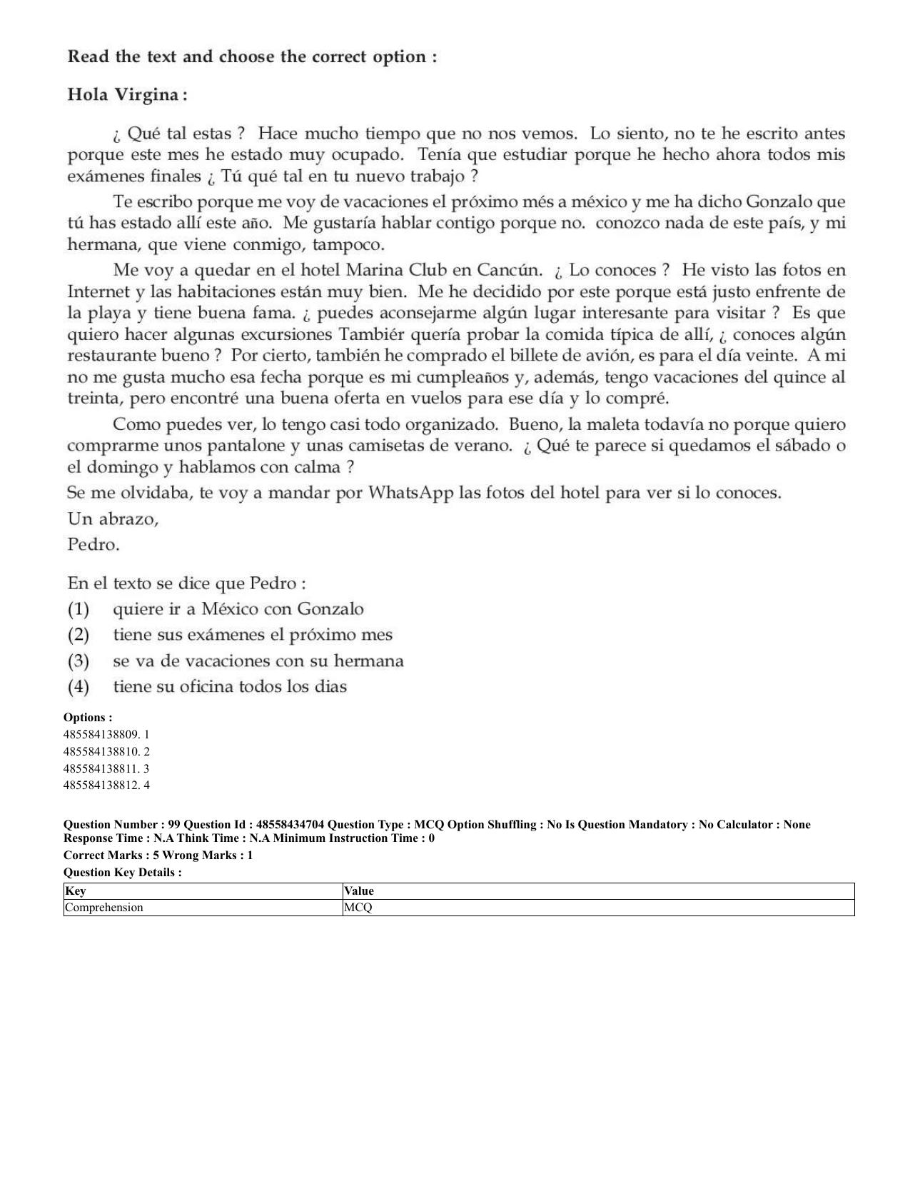 CUET 2023 English Spanish Shift 3 Question Paper - 18 June 2023 - Page 61