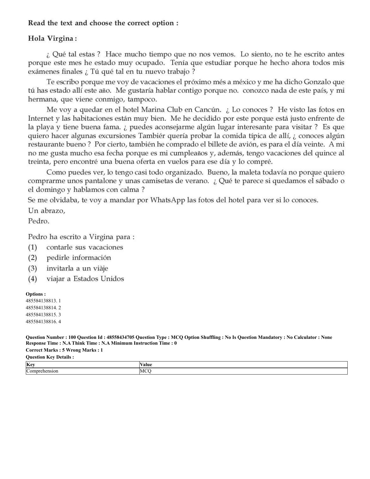 CUET 2023 English Spanish Shift 3 Question Paper - 18 June 2023 - Page 62